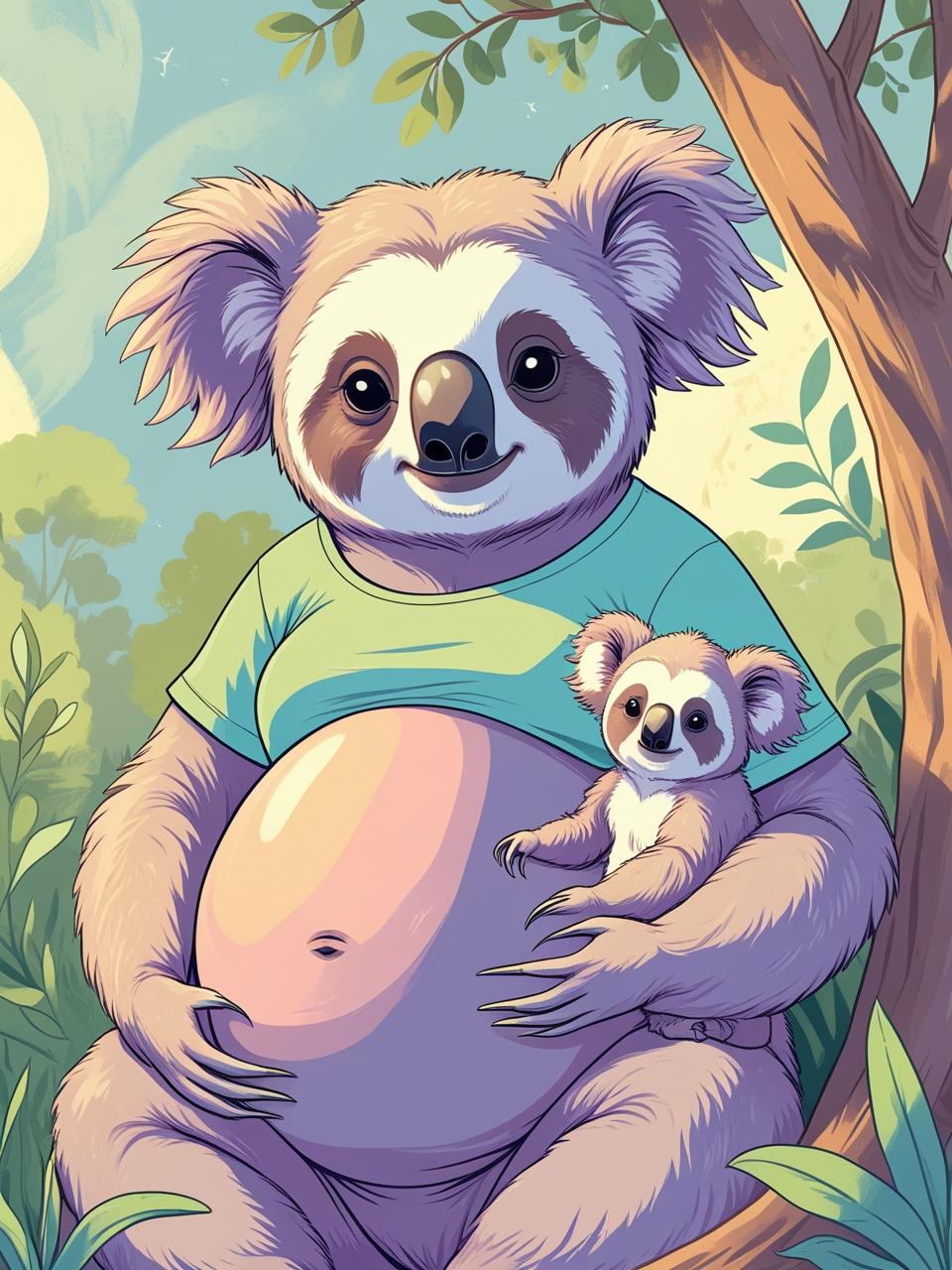 una mamma bradikoala (bradipo con le orecchie da koala) con il pancione perché è incinta, di fianco a lei un piccolo di bradikoala