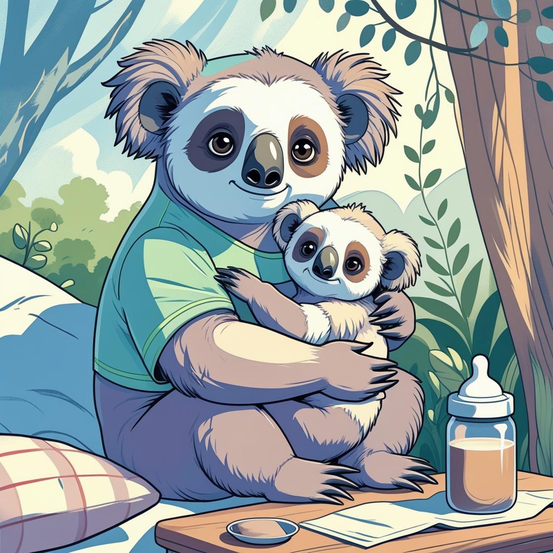 Una mamma bradipo-koala dal viso dolce ma stanco, con occhiaie leggere, abbraccia il suo cucciolo (ibrido tra koala e bradipo) in un ambiente accogliente ma leggermente disordinato. Il cucciolo piange ma si aggrappa teneramente a lei. La mamma, con un'espressione affaticata ma amorevole, lo tiene stretto al petto mentre una tazza di caffè è appoggiata accanto.